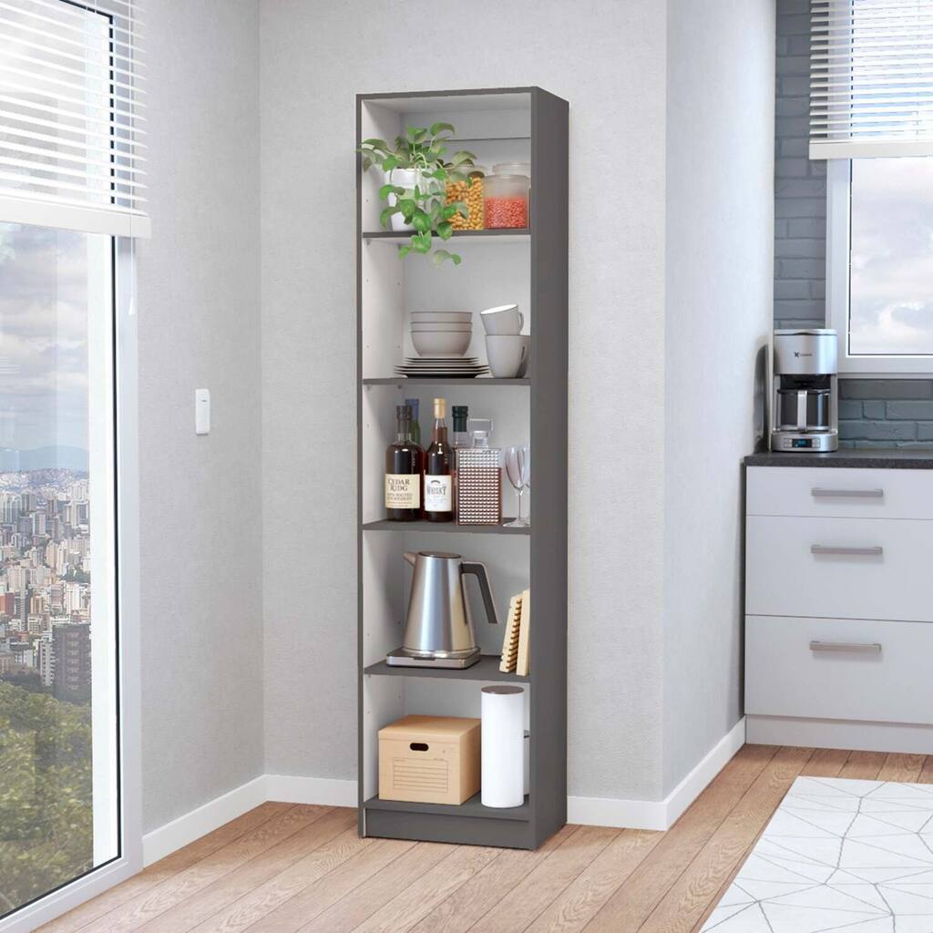 Slim 5-Shelf Bookcase with Narrow Profile, Modern Shelving Design for Books and Decorative Displays - 17.72