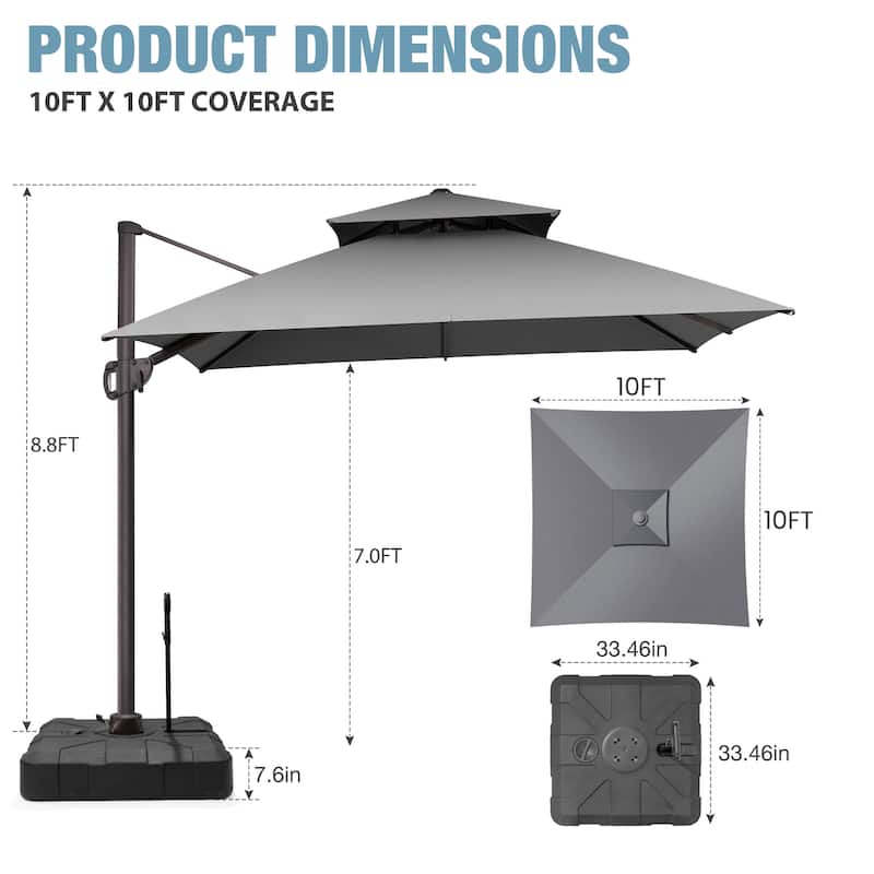 VredHom Double Top 10x10 FT Square Patio Cantilever Umbrella with Rod Wheel Base