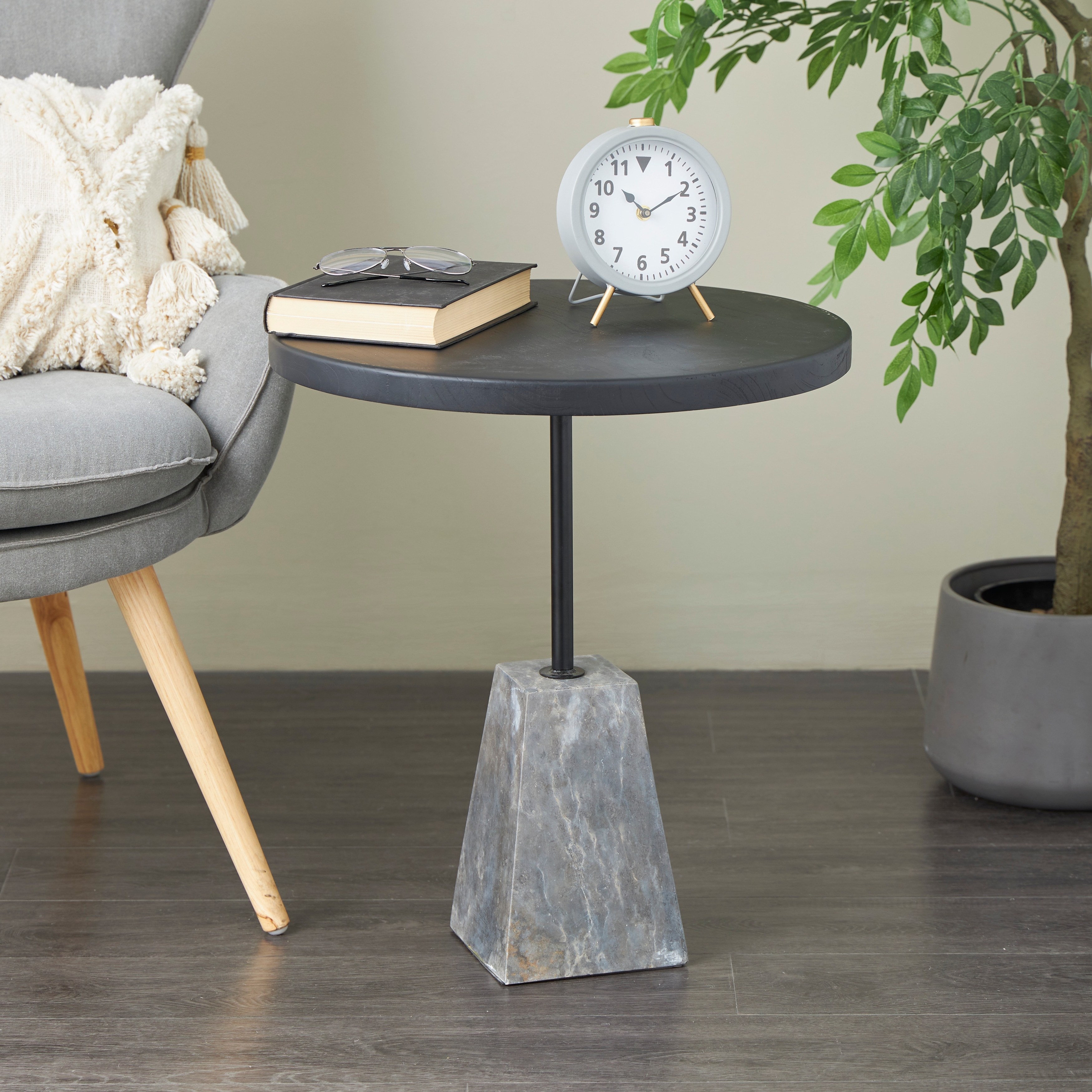 Black Wood Accent Table with Gray Marble Pyramid Base