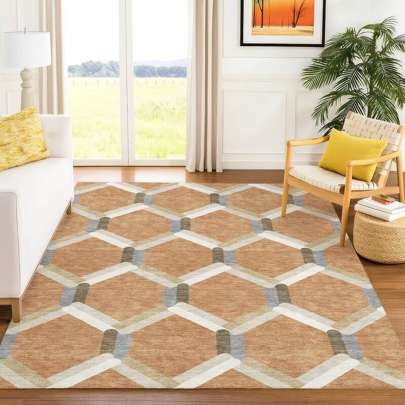 Machine Washable Indoor/ Outdoor Modern Trellis Chantille Rug