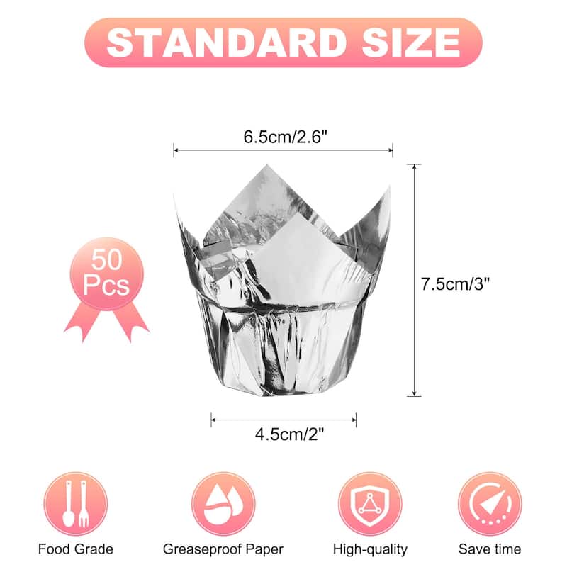 50 Pcs Tulip Baking Cups Cupcake Muffins Liners - Silver