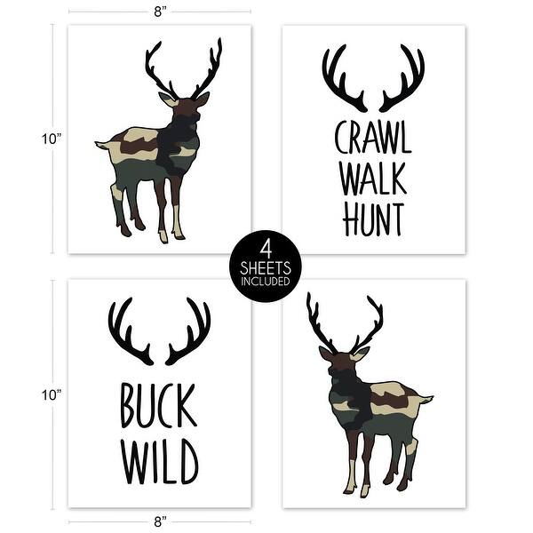 Sweet Jojo Designs Green Beige Rustic Deer Woodland Camo Collection Wall Decor Art Prints (Set of 4) - Crawl Walk Hunt