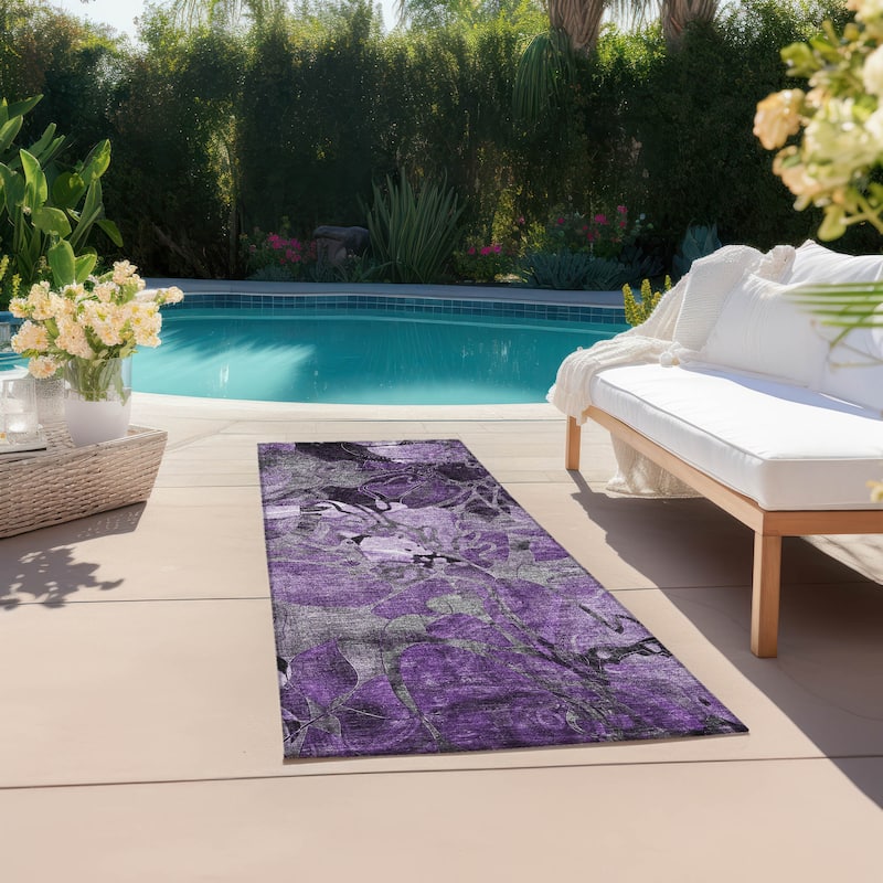 Machine Washable Indoor/ Outdoor Modern Floral Chantille Rug - 2'3" x 7'6" - Purple