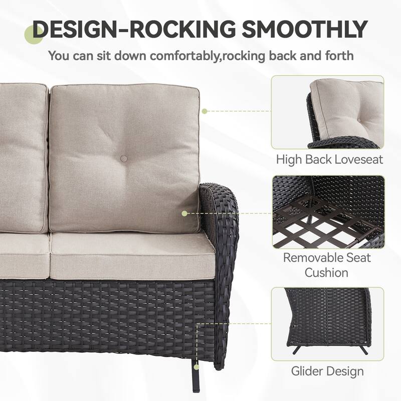Outdoor Glider Sofa Rocker Chairs Table Black-Beige - Black