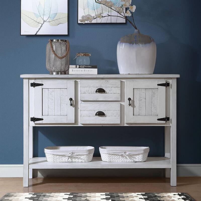 48 Inch Farmhouse Console Table, Farmhouse Entry Table with 2 Drawers and Cabinets, Solid Wood Sofa Table with Shelves - White