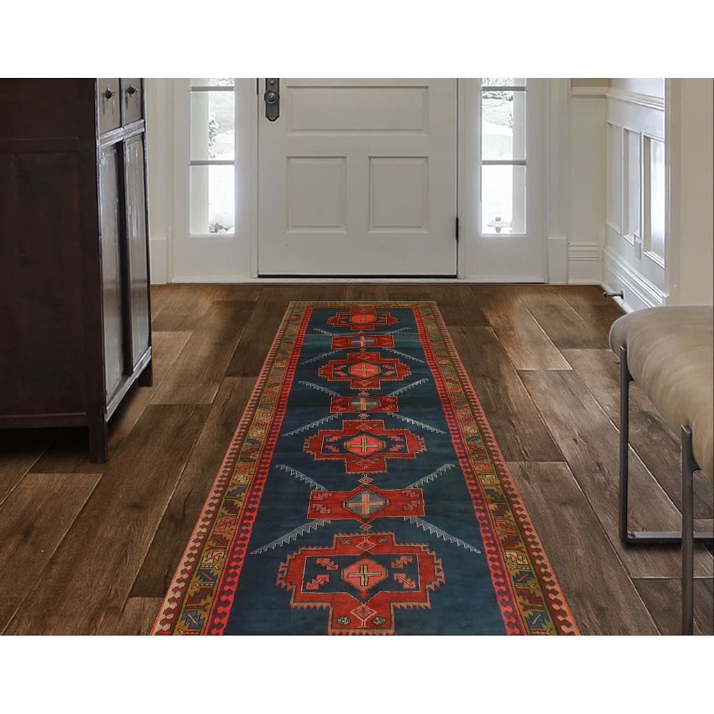 Fine Vintage Distressed Youssif Navy/Burgundy Runner - 4'0" x 10'9"