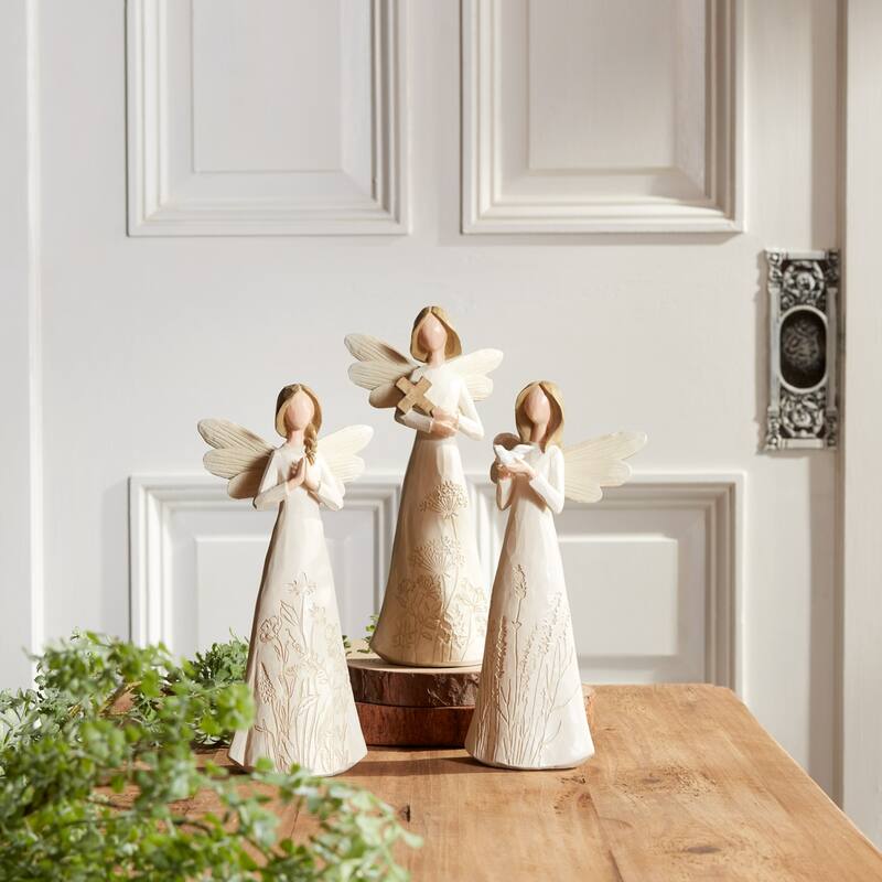 Floral Etched Angel Tabletop Figurine - 9.75" - White and Brown - Set of 3
