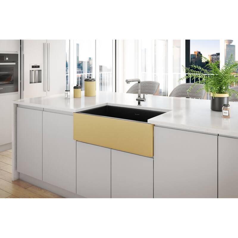 Ruvati 30-inch Matte Black and Gold Fireclay Modern Farmhouse Offset Drain Kitchen Sink Single Bowl RVL4018GRG - 8' x 11'