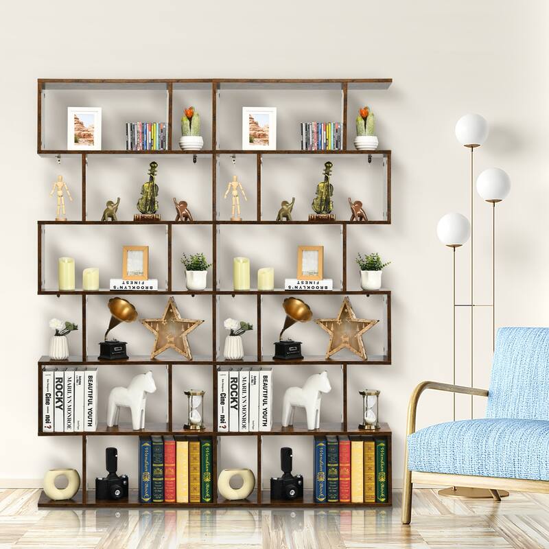 S-Shaped 6-Tier Freestanding Bookshelf with Open Storage Shelves for Living Room or Bedroom