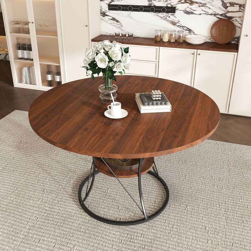 43.31" Round Extendable Wooden Dining Table with Storage Shelf and Metal Base