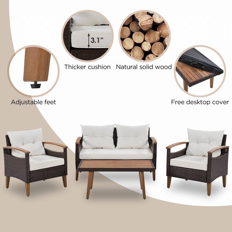 4-Piece Wicker Outdoor Sofa Set, Patio Seating with Wood Table and Cushions for Stylish Outdoor Living