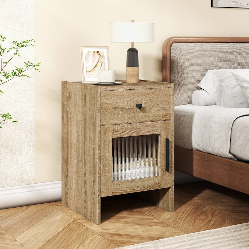 Costway 1/2 PCS Farmhouse Nightstand Fluted Bed Side Table with Large - Natural