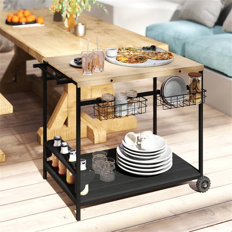 Natural Wood and Metal Outdoor Bar Cart with Two Shelves, Baskets, Wine Holders, and Wheels Mobile Serving Cart