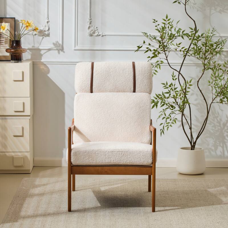 Mid Century Modern Accent Armchair, Solid Wood Frame with High Back, Beige Upholstered Cushions, Ergonomic Lounge Chair