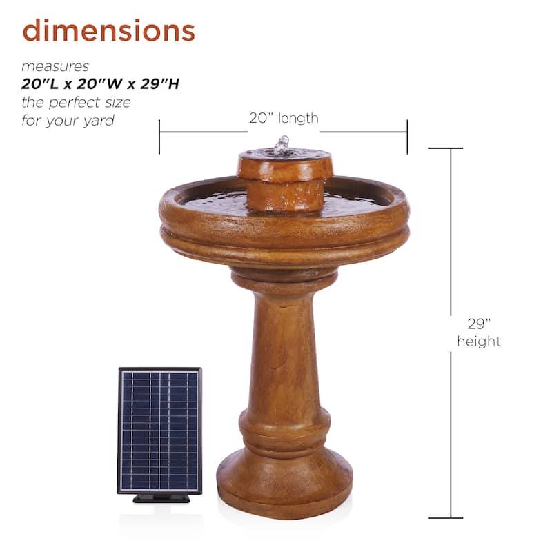 Alpine Corporation TZL202SLR 29" Brown Outdoor Solar Powered Pedestal Birdbath Fountain with LED Lights