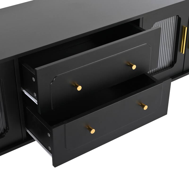 Retro Design TV Stand, for TVs Up to 78'' with Arch Fluted Glass Doors 2 Drawers and Cabinets, for Living Rooms, Black