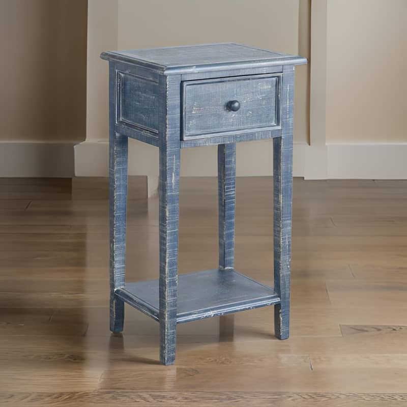 Rena Side End Table with 1 Drawer, 17 Inch Rustic Blue Mahogany Wood