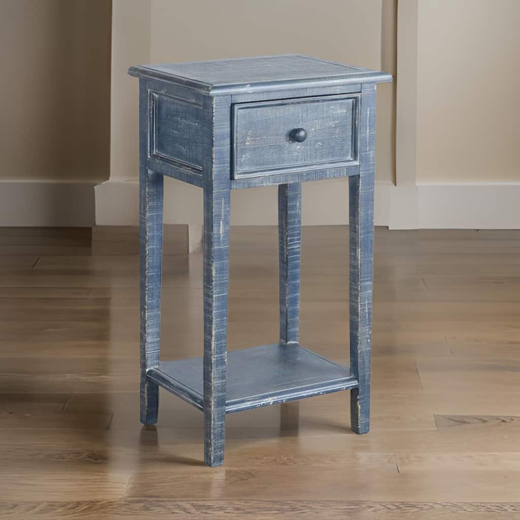 Rena Side End Table with 1 Drawer, 17 Inch Rustic Blue Mahogany Wood