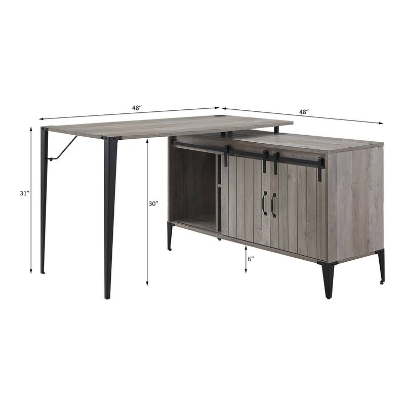 Stylish L-Shaped Writing Desk in Gray Oak & Black or Rustic Oak & Black, with Sliding Barn Door and Metal Legs