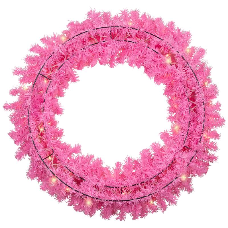 Pre-Lit Artificial Pine Christmas Wreath - 36" - Pink - Clear Lights
