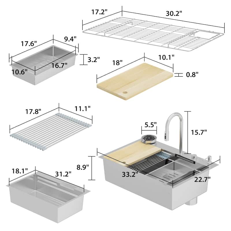32.2"W Apron Single Bowl Workstation Kitchen Sink 304 Stainless Steel