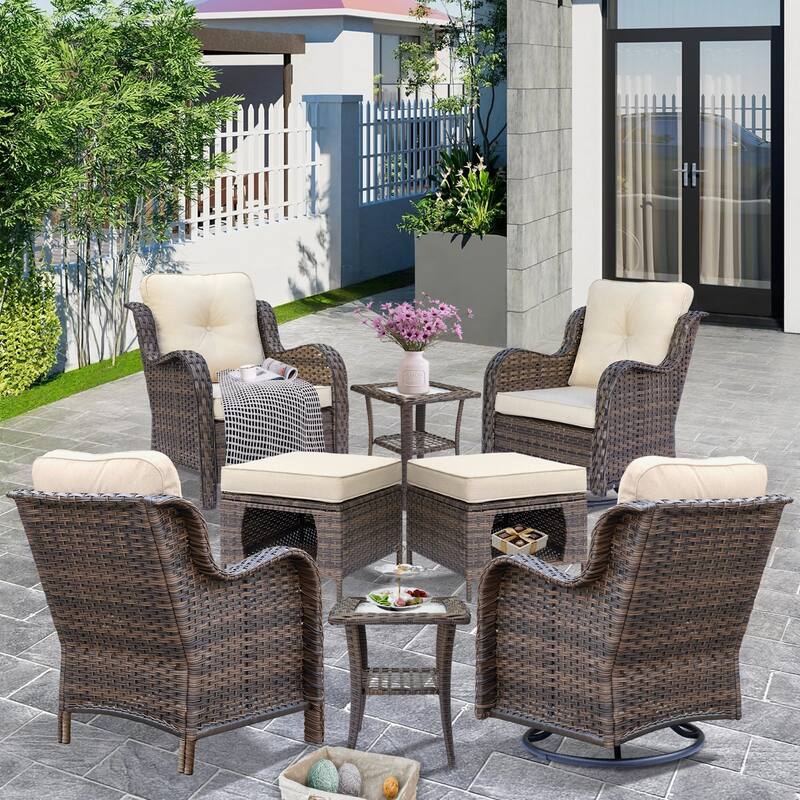 8-piece Outdoor Wicker Patio Furniture Swivel Chairs Sets with Ottoman - Cream
