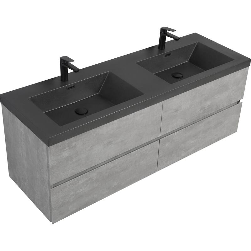 GDFStudio - Carter Floating Bathroom Vanity with Black Quartz Sand Countertops & Soft-Close Drawers