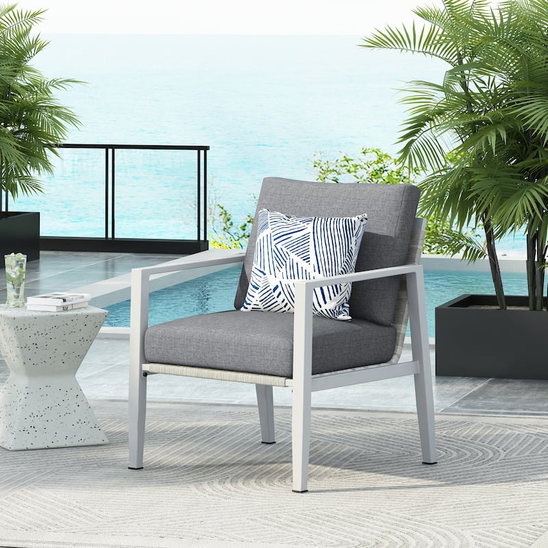 Roomfitters Modern Outdoor Lounge Chair with Aluminum Frame, Rope Accents & Cushions for Patio - Gray, Silver+White, 1-Piece