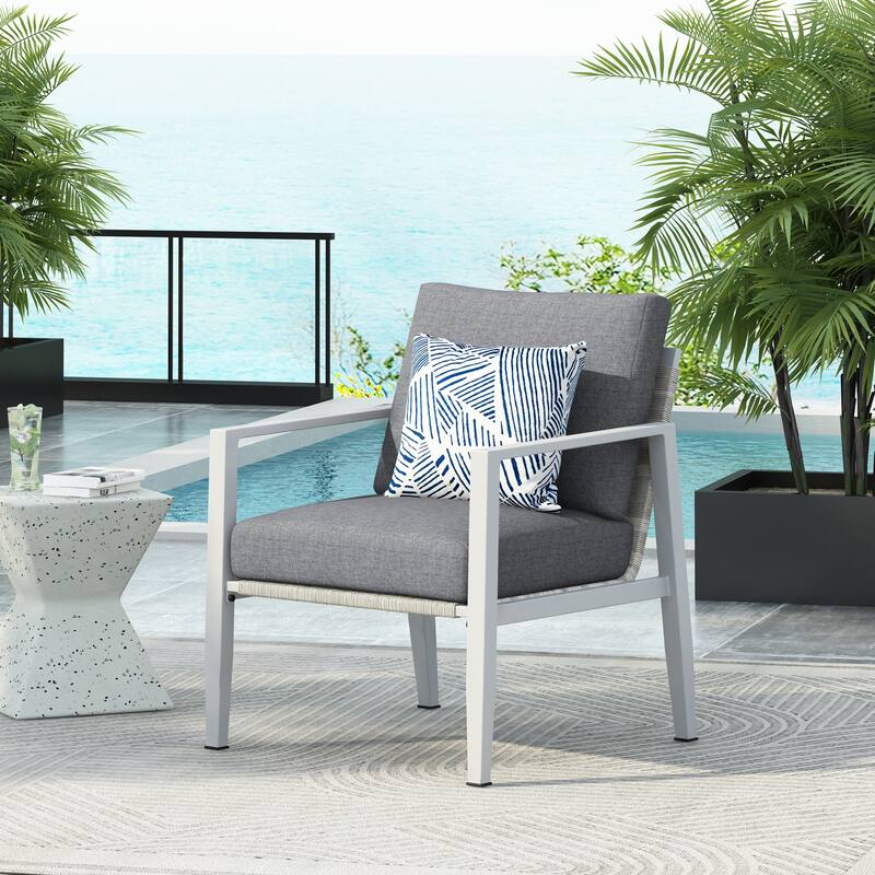 Silver Aluminum Lounge Chair with Sleek Rope Accents and Comfortable Cushions, Ideal for Modern Outdoor and Indoor Spaces
