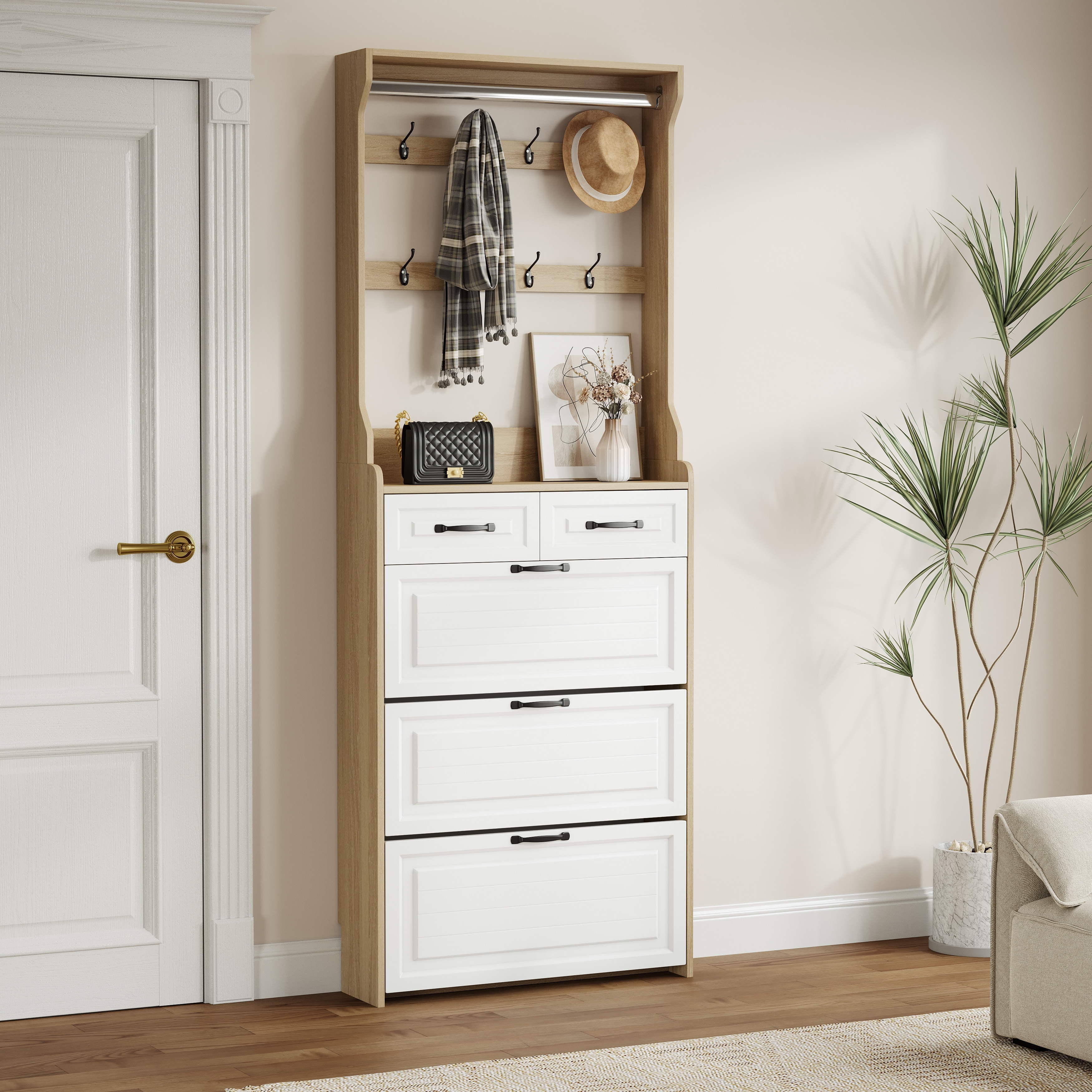 Wooden Shoe Cabinet With Three Doors And Two Drawers Equipped With Hangers And Spacious Storage Space