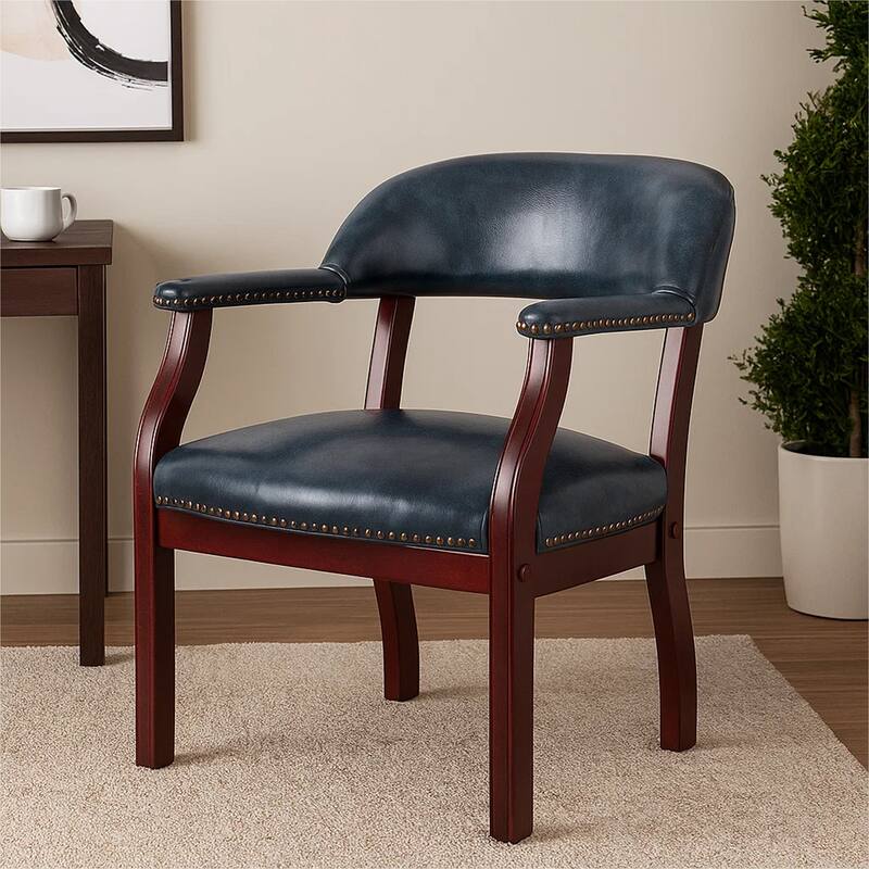 Elon Guest Chair with Brass Nailhead Trim, Mahogany Wood, Blue Vinyl