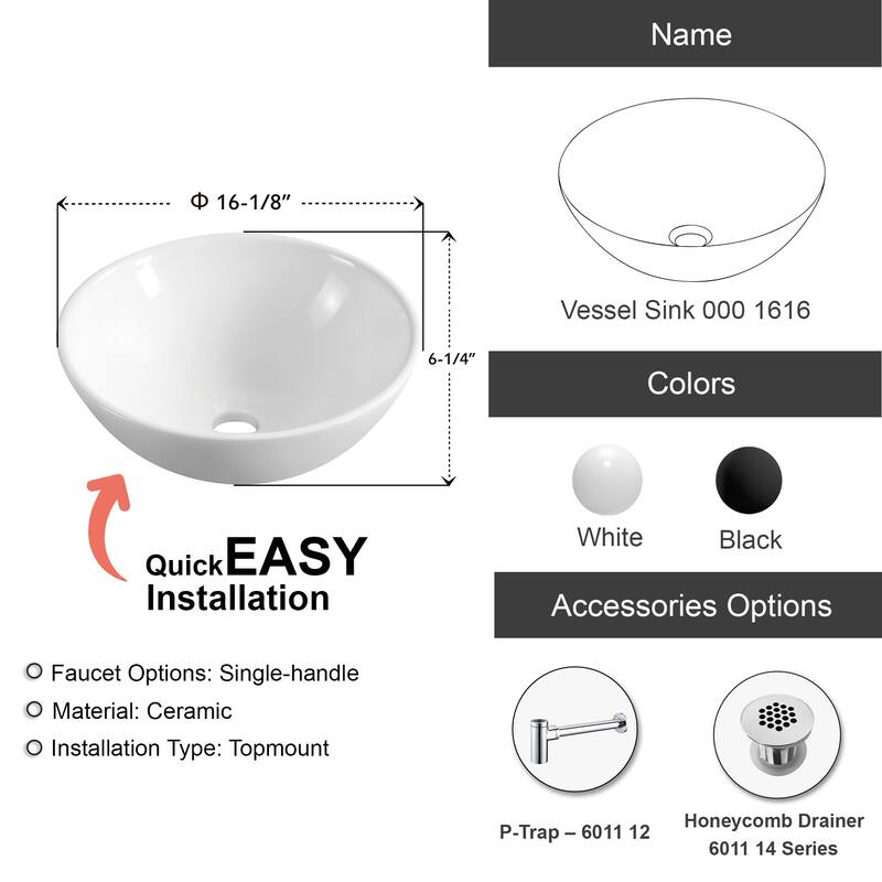 Dowell Ceramic Vessel Sink, Round, Gloss White - 16Wx16Dx6H - 16Wx16Dx6H - White