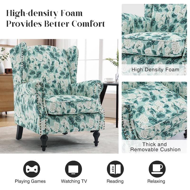 HOMYKA 29'' Wide Floral Pattern Wingback Accent Armchair with Nailhead Trim