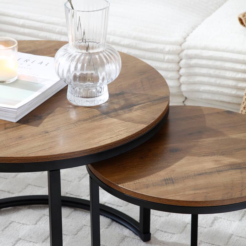 Set of 2 Coffee Table Nesting Side Round End Table Top Sturdy Metal Frame Desk Centerpiece