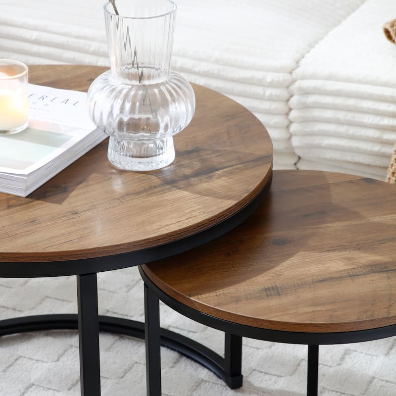 Versatile Nesting Coffee Table Set of 2 with Round Wooden Top and Metal Frame Base Modern Simple Side Table End Table Nightstand