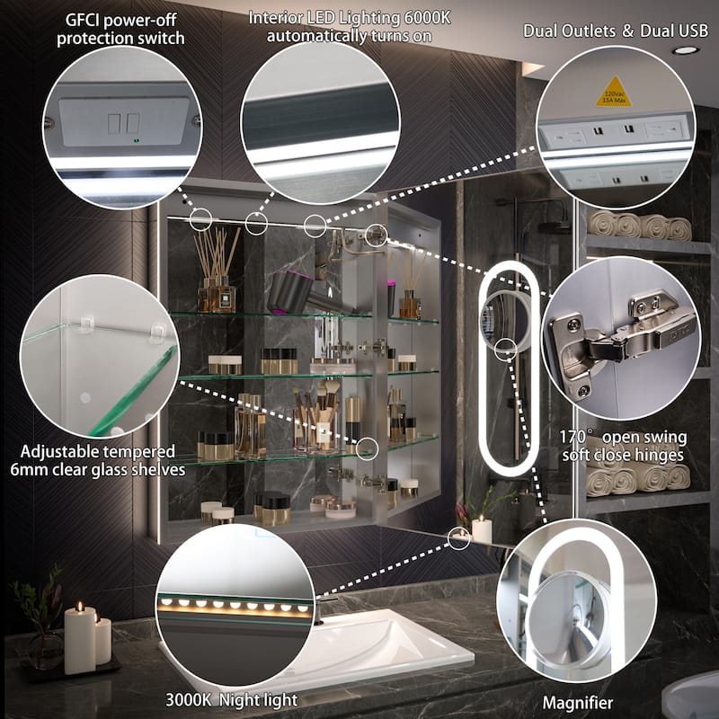 Modland 24"-42W x 36"H LED Medicine Cabinet Mirror with USB Charging,5x Magnifying Mirror