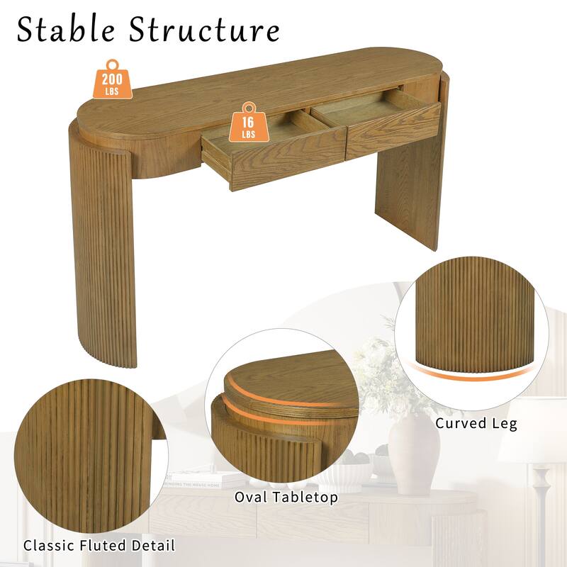 Oval-shaped Top Entryway Table Sofa Table with 2 Drawers, Fluted Console Table for Hallway or Home Decor