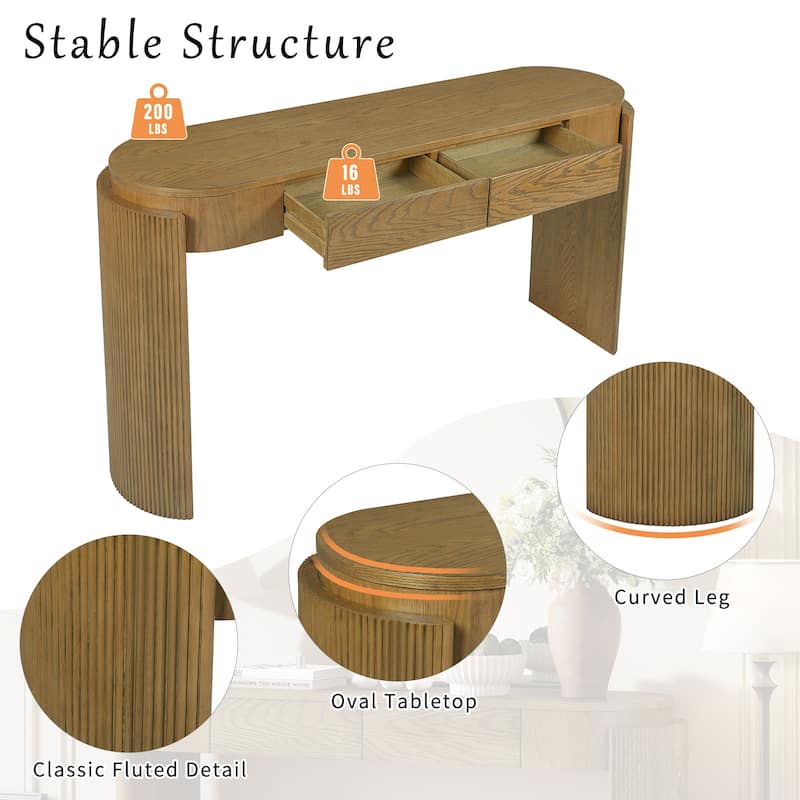 Rustic Oval Console Table with Fluted Design, 55" Entryway Accent Table with 2 Drawers and Curved Legs