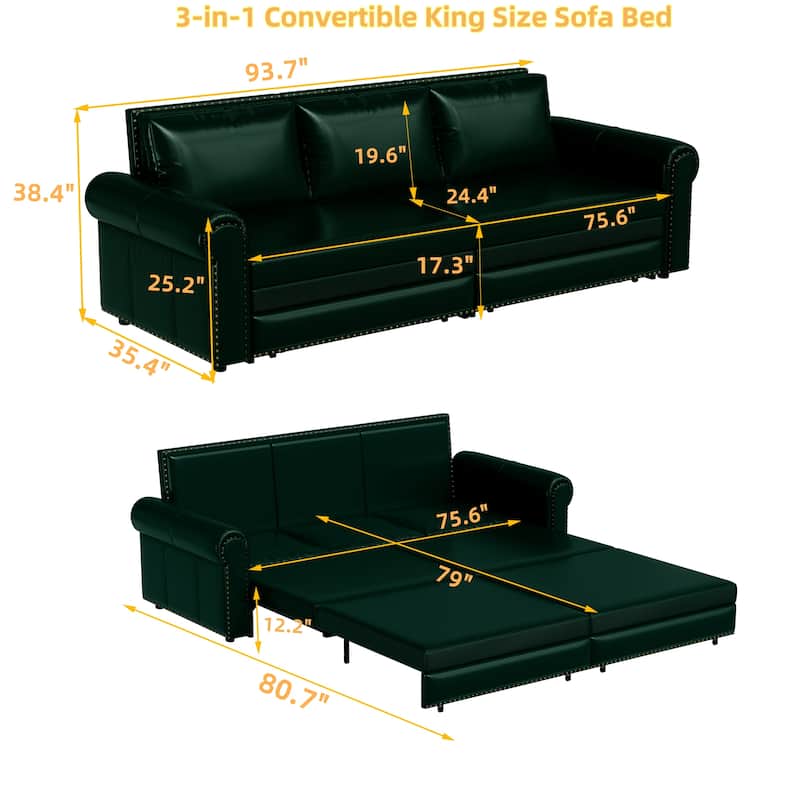 King Pull Out Sofa Bed, 3-in-1 Convertible Leather Sleeper Sofa, Chaise Lounge Daybed with Nailhead Trim & Rolled Arm