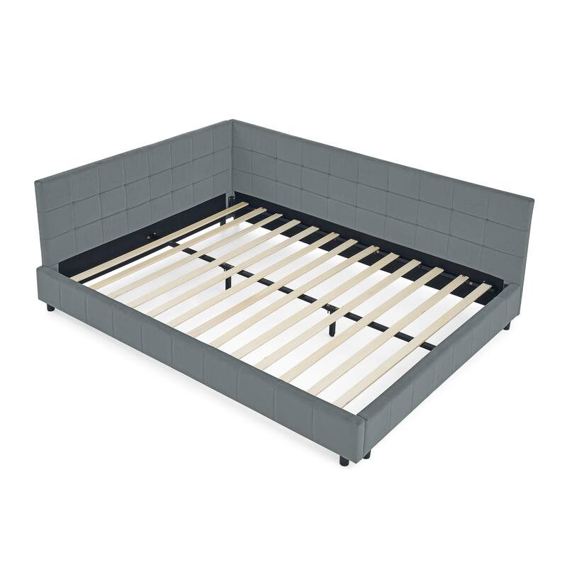 Corner Day Bed Frame, Upholstered Velvet Wooden L-Shaped Sofa Bed with Tufted Design & Wood Slats, Modern Floor Platform Bed