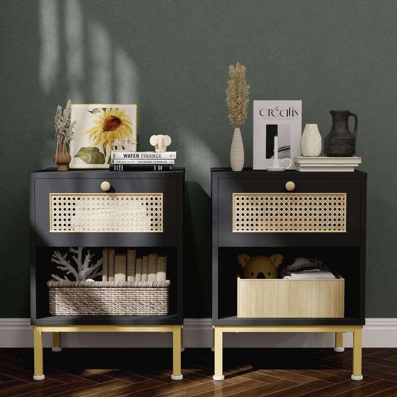 Rattan End Table/ Nightstand with Drawer, Farmhouse Boho Bed Side Table - 2 pieces - Black
