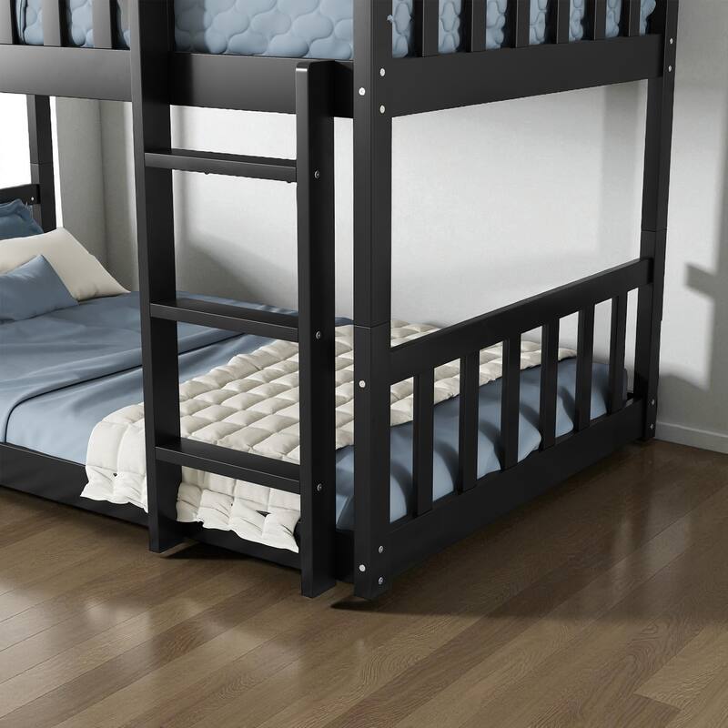 Twin Over Twin Over Twin Rubber Wood Triple Bunk Bed with Guardrails and Ladders, Detachable Convertible Triple Twin Bed Frame