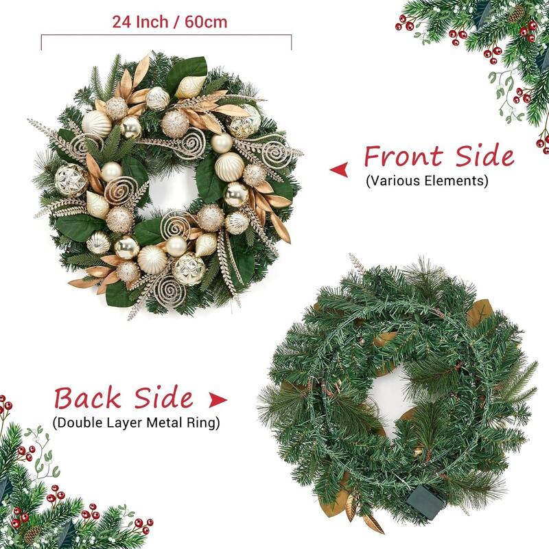 24 Inch Lighted Christmas Wreath with Pine Cones & Ball Ornaments - N/A