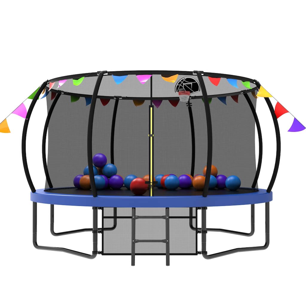 12FT Recreational Kids Trampoline with Safety Enclosure Net & Ladder, and flag parts, Outdoor Recreational Trampolines