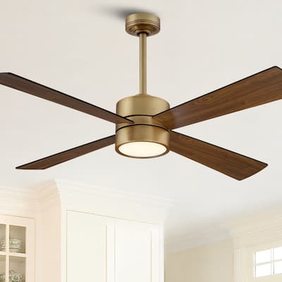 52" Antique Brass Wood 4-Blade Indoor Ceiling Fan with Light and Remote