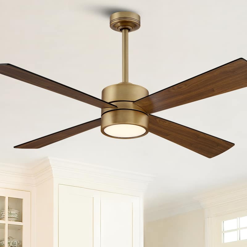 Parrot Uncle 52" Antique Brass Wood 4-Blade Indoor Ceiling Fan with Light and Remote