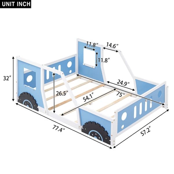 dimension image slide 1 of 2, Full Size Car-Shaped Bed with Wheels, Blue - Fun and Sturdy Design