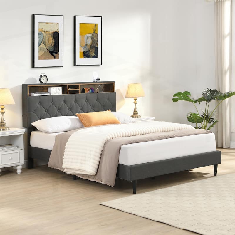 Modern Platform Bed Frame with Tufted Headboard and Multiple Functionalities