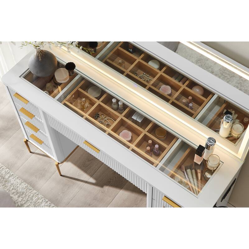 Modern Fluted Makeup Vanity Desk with Mirror, Lights, Charging Station