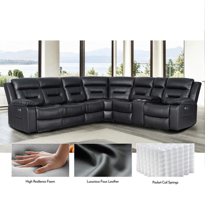 119'' Faux Leather Power Recliner 6-Seat Large Sectional Reclining Sofa with USB Port
